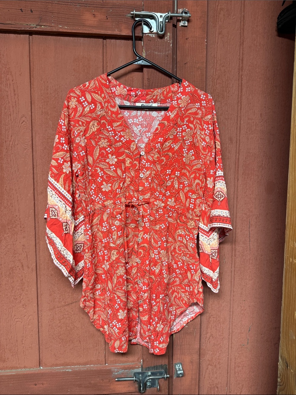 Rip Curl Red Floral V-Neck Boho Tunic with Drawstring Waist